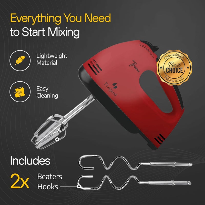 TechnoLegend Hand Mixer Electric Handheld – 7 Speed Ultra Power Electric Mixer Handheld (Red) - Image 2